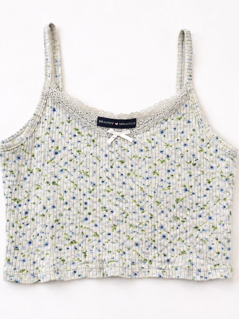 Brandy Melville Floral Lace Trim Cami Crop Tank Blue Green Y2K